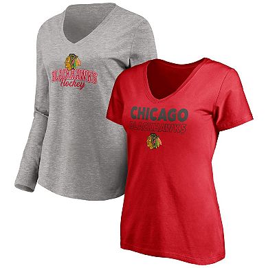 Women's Fanatics Branded Red/Heathered Gray Chicago Blackhawks Short Sleeve & Long Sleeve V-Neck T-Shirt Combo Pack