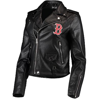 Women's The Wild Collective Black Boston Red Sox Faux Leather Moto Full-Zip Jacket