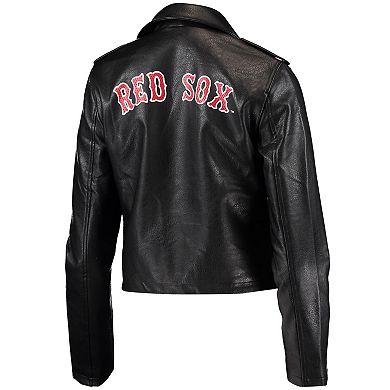 Women's The Wild Collective Black Boston Red Sox Faux Leather Moto Full-Zip Jacket