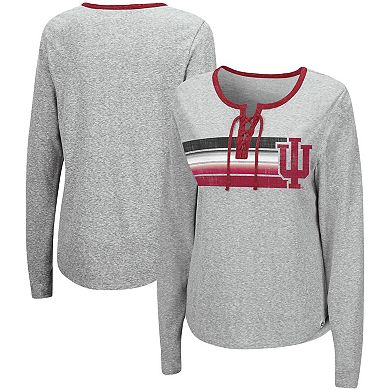 Women's Colosseum Heathered Gray Indiana Hoosiers Sundial Tri-Blend Long Sleeve Lace-Up T-Shirt