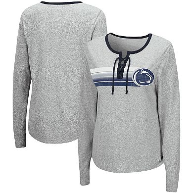 Women's Colosseum Heathered Gray Penn State Nittany Lions Sundial Tri-Blend Long Sleeve Lace-Up T-Shirt