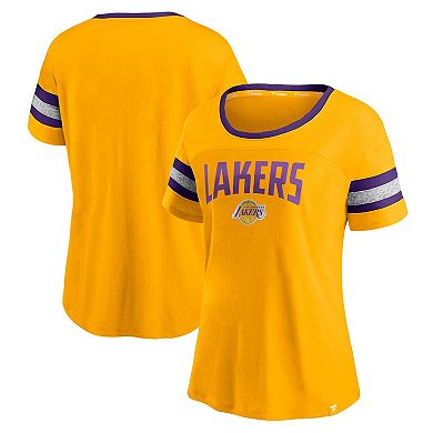 Women's Fanatics Branded Gold/Heathered Gray Los Angeles Lakers Block Party Striped Sleeve T-Shirt