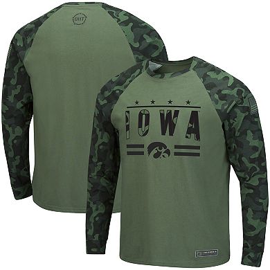 Men's Colosseum Olive/Camo Iowa Hawkeyes OHT Military Appreciation Raglan Long Sleeve T-Shirt