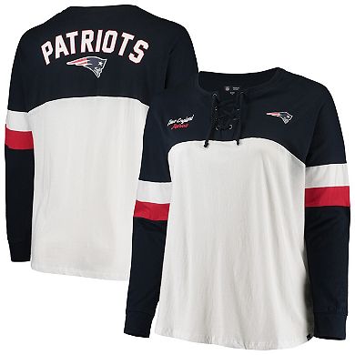 Women's New Era White/Navy New England Patriots Plus Size Athletic Varsity Lace-Up V-Neck Long Sleeve T-Shirt