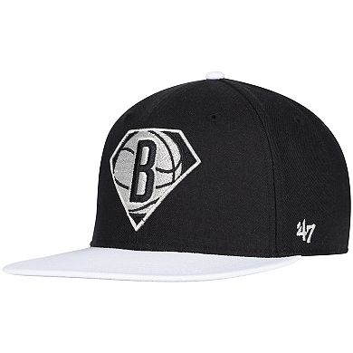 Men's '47 Black/White Brooklyn Nets 75th Anniversary Carat Captain Snapback Hat