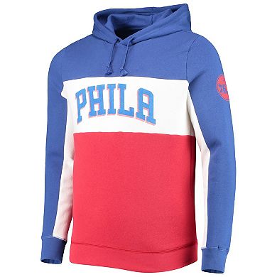 Men's Junk Food Blue/White Philadelphia 76ers Wordmark Colorblock Fleece Pullover Hoodie