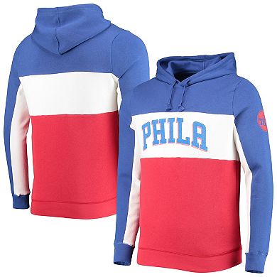 Men's Junk Food Blue/White Philadelphia 76ers Wordmark Colorblock Fleece Pullover Hoodie