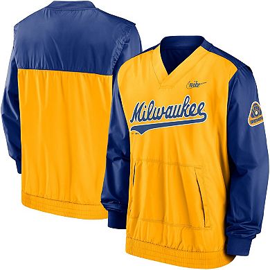 Men's Nike Royal/Gold Milwaukee Brewers Cooperstown Collection V-Neck Pullover Windbreaker