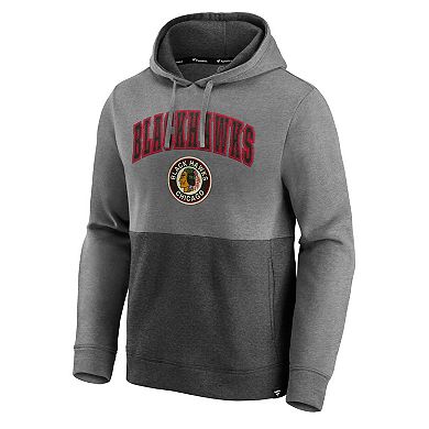 Men's Fanatics Branded Heathered Gray/Black Chicago Blackhawks Block Party Classic Arch Signature Pullover Hoodie