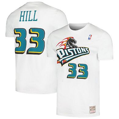 Men's Mitchell & Ness Grant Hill White Detroit Pistons Hardwood Classics Stitch Name & Number T-Shirt