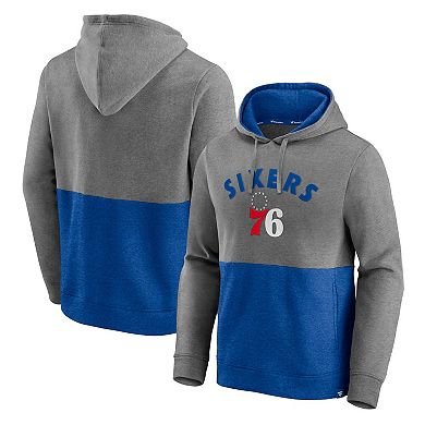 Men's Fanatics Branded Heathered Charcoal/Royal Philadelphia 76ers Block Party Applique Color Block Pullover Hoodie
