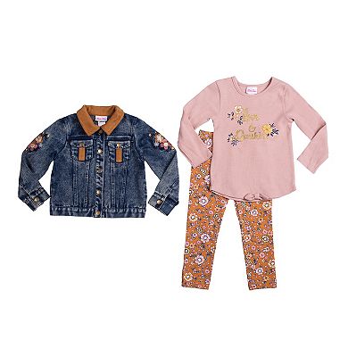 Baby & Toddler Girl Little Lass Floral Embroidered Denim Jacket, Tee, & Printed Leggings Set