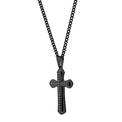 Steel Nation Men's Black Stainless Steel Crystal Cross Pendant Necklace