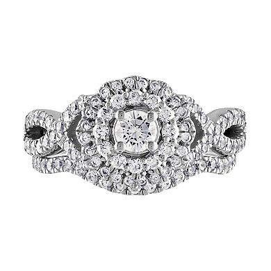 14k White Gold 1 Carat T.W. Diamond Double Halo Engagement Ring Set