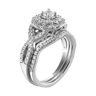 14k White Gold 1 Carat T.W. Diamond Double Halo Engagement Ring Set