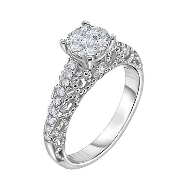 14k White Gold 5/8 Carat T.W. Diamond Round Cluster Engagement Ring