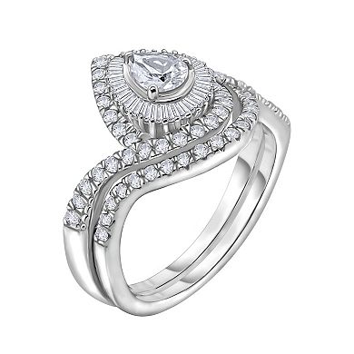 14k White Gold 1 Carat T.W. Diamond Teardrop Halo Engagement Ring Set