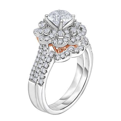 14k White Gold 1 3/4 Carat T.W. Diamond Flower Engagement Ring Set