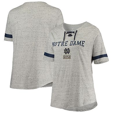 Women's Heathered Gray/Navy Notre Dame Fighting Irish Plus Size Lace-Up V-Neck T-Shirt