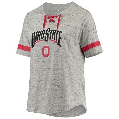 Women's Heathered Gray/Scarlet Ohio State Buckeyes Plus Size Lace-Up V-Neck T-Shirt