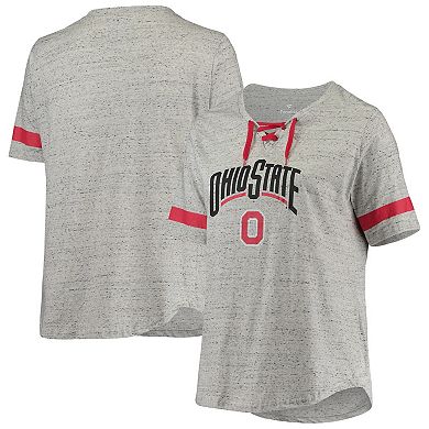 Women's Heathered Gray/Scarlet Ohio State Buckeyes Plus Size Lace-Up V-Neck T-Shirt