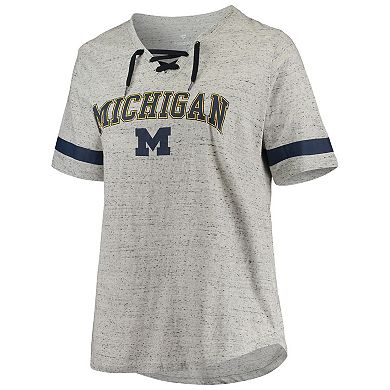 Women's Heathered Gray/Navy Michigan Wolverines Plus Size Lace-Up V-Neck T-Shirt