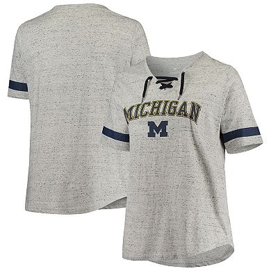 Women's Heathered Gray/Navy Michigan Wolverines Plus Size Lace-Up V-Neck T-Shirt