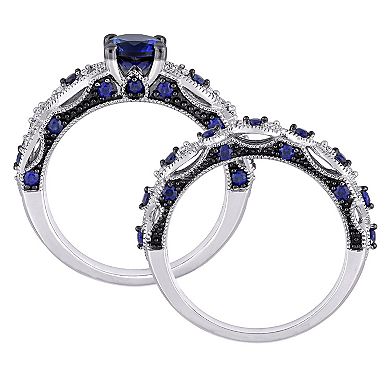 Stella Grace 10k White Gold Lab-Created Sapphire & 1/10 Carat T.W. Diamond Vintage Filigree Engagement Ring Set