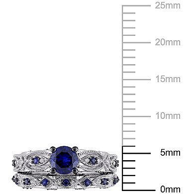 Stella Grace 10k White Gold Lab-Created Sapphire & 1/10 Carat T.W. Diamond Vintage Filigree Engagement Ring Set