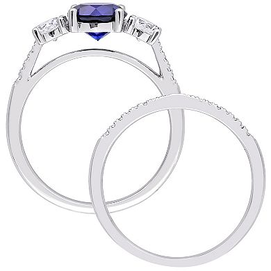 Stella Grace 10k White Gold Lab-Created Sapphire, Lab-Created White Sapphire & 1/10 Carat T.W. Diamond 3-Stone Engagement Ring Set