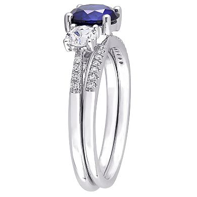 Stella Grace 10k White Gold Lab-Created Sapphire, Lab-Created White Sapphire & 1/10 Carat T.W. Diamond 3-Stone Engagement Ring Set
