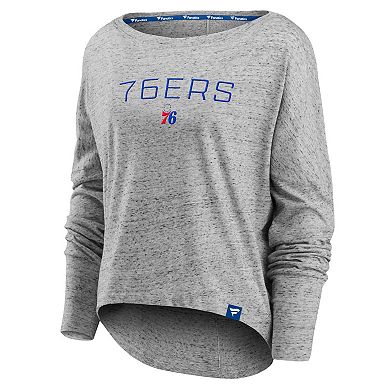 Women's Fanatics Branded Heathered Gray Philadelphia 76ers Nostalgia Off-The-Shoulder Long Sleeve T-Shirt