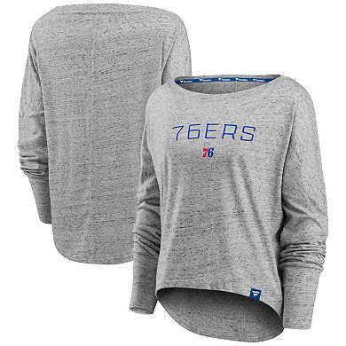 Women's Fanatics Branded Heathered Gray Philadelphia 76ers Nostalgia Off-The-Shoulder Long Sleeve T-Shirt