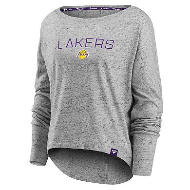 Women's Fanatics Branded Heathered Gray Los Angeles Lakers Nostalgia Off-The-Shoulder Long Sleeve T-Shirt