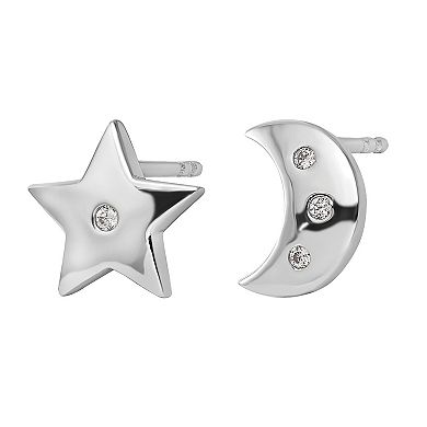 White Ice Sterling Silver Diamond Accent Star & Moon Post Earrings