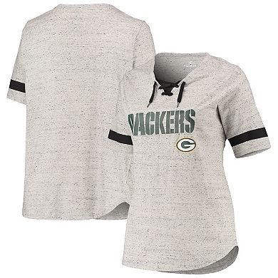 Women's Profile Heathered Gray Green Bay Packers Plus Size Lace-Up V-Neck T-Shirt