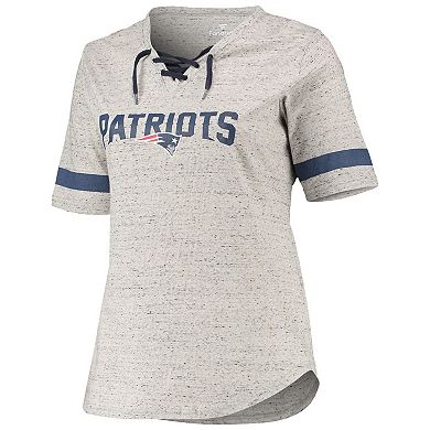 Women's Heathered Gray New England Patriots Plus Size Lace-Up V-Neck T-Shirt