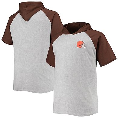 Men's Heathered Gray/Brown Cleveland Browns Big & Tall Raglan Short Sleeve Pullover Hoodie