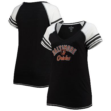 Women's Soft as a Grape Black Baltimore Orioles Curvy Colorblock Tri-Blend Raglan V-Neck T-Shirt
