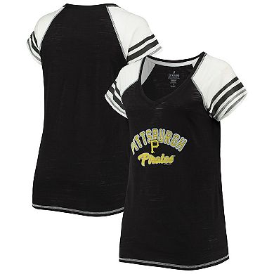 Women's Soft as a Grape Black Pittsburgh Pirates Curvy Colorblock Tri-Blend Raglan V-Neck T-Shirt