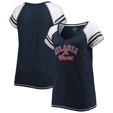Women's Soft as a Grape Navy Atlanta Braves Curvy Colorblock Tri-Blend Raglan V-Neck T-Shirt