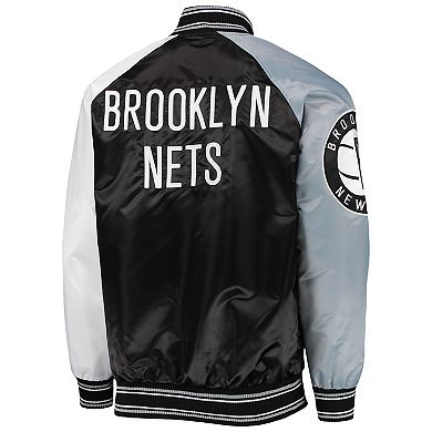 Men's Starter Black/Gray Brooklyn Nets Reliever Varsity Satin Raglan Full-Snap Jacket