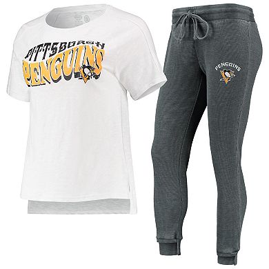 Women's Concepts Sport Charcoal/White Pittsburgh Penguins Resurgence Slub Burnout Raglan T-Shirt & Joggers Sleep Set