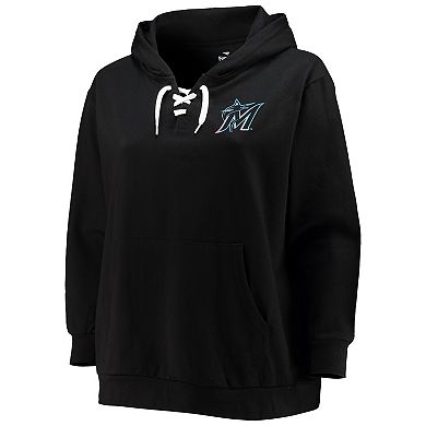 Women's Black Miami Marlins Plus Size Lace-Up V-Neck Pullover Hoodie
