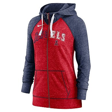 Women's Nike Heathered Red/Heathered Navy Los Angeles Angels Split Wordmark Gym Vintage Raglan Slub Full-Zip Hoodie