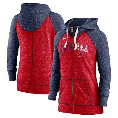 Women's Nike Heathered Red/Heathered Navy Los Angeles Angels Split Wordmark Gym Vintage Raglan Slub Full-Zip Hoodie