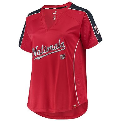 Women's Red Washington Nationals Plus Size Diva Notch Neck Raglan T-Shirt