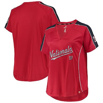 Women's Red Washington Nationals Plus Size Diva Notch Neck Raglan T-Shirt