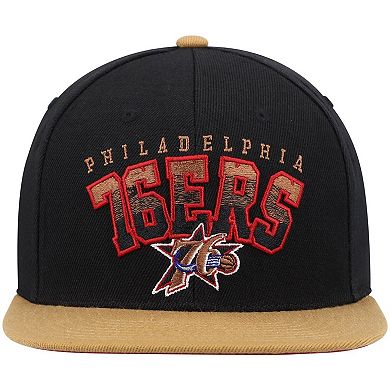 Men's Mitchell & Ness Black/Tan Philadelphia 76ers Hardwood Classics Gradient Wordmark Snapback Hat
