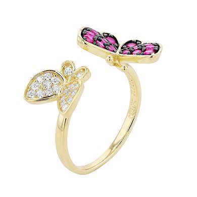 14k Gold Over Silver Red & White Cubic Zirconia Double Butterfly Stacking Ring